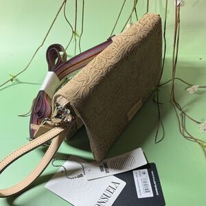 Consuela Uptown Crossbody Lawton Wallet Tan Embossed with Multicolor Woven